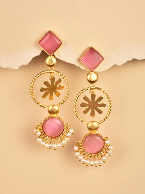 Gold_Finish_Pink_Floral_Drop_Earrings