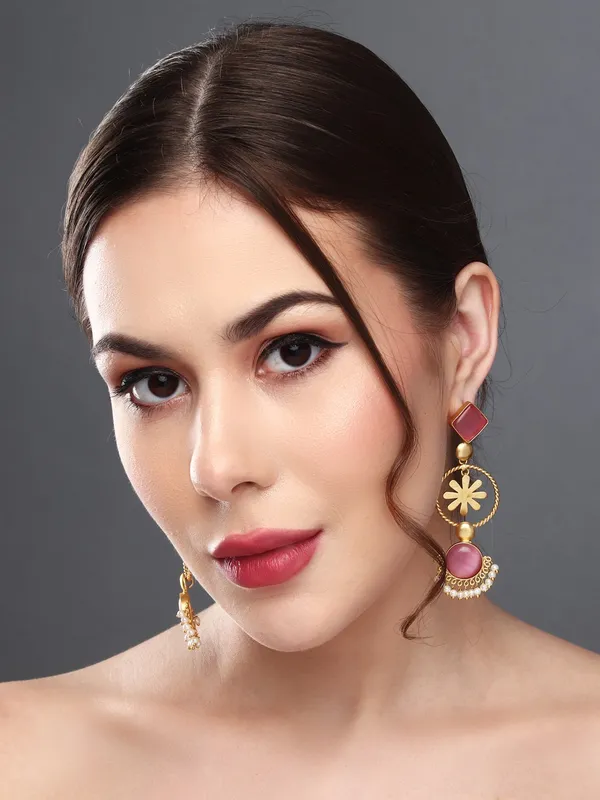 Gold_Finish_Pink_Floral_Drop_Earrings