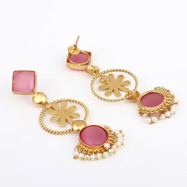 Gold_Finish_Pink_Floral_Drop_Earrings