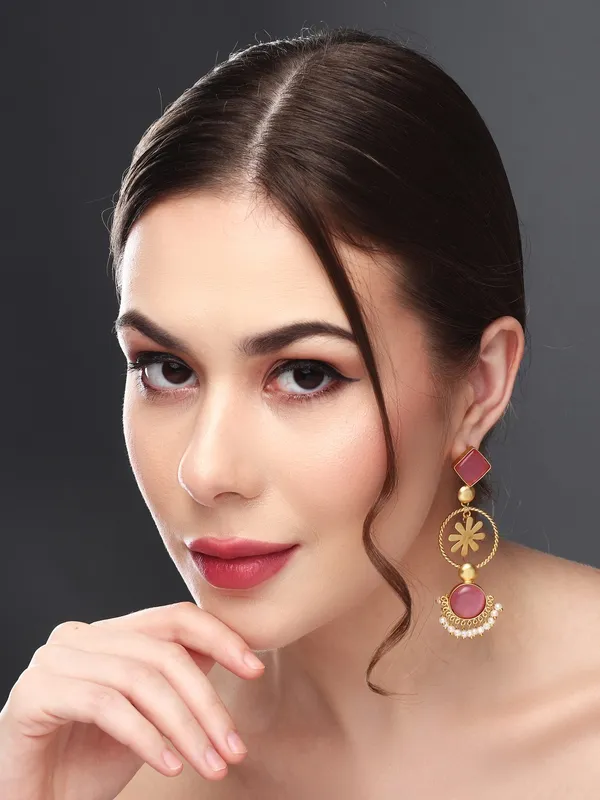 Gold_Finish_Pink_Floral_Drop_Earrings