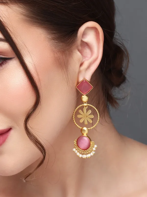 Gold_Finish_Pink_Floral_Drop_Earrings