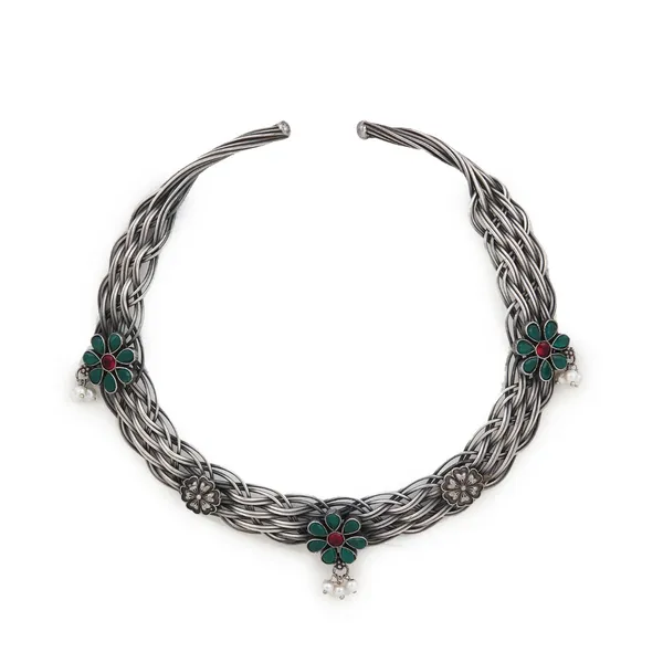 Oxidised_Silver_Red-Green_Floral_Hasli_Necklace_Set