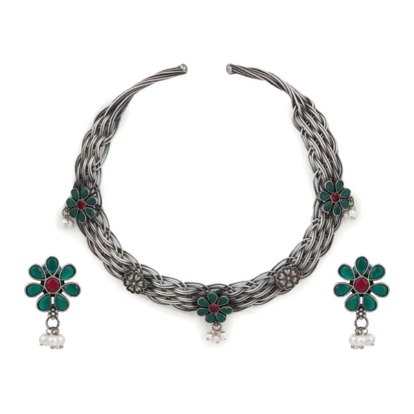 Oxidised_Silver_Red-Green_Floral_Hasli_Necklace_Set