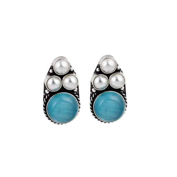 Silver_Oxidised_finish_Pearl_&_Stone__pendant_Set_Blue
