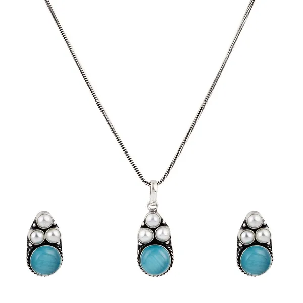 Silver_Oxidised_finish_Pearl_&_Stone__pendant_Set_Blue