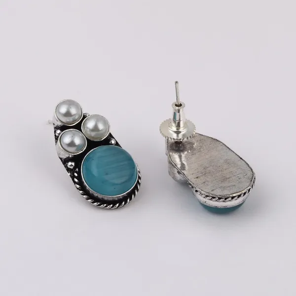 Silver_Oxidised_finish_Pearl_&_Stone__pendant_Set_Blue