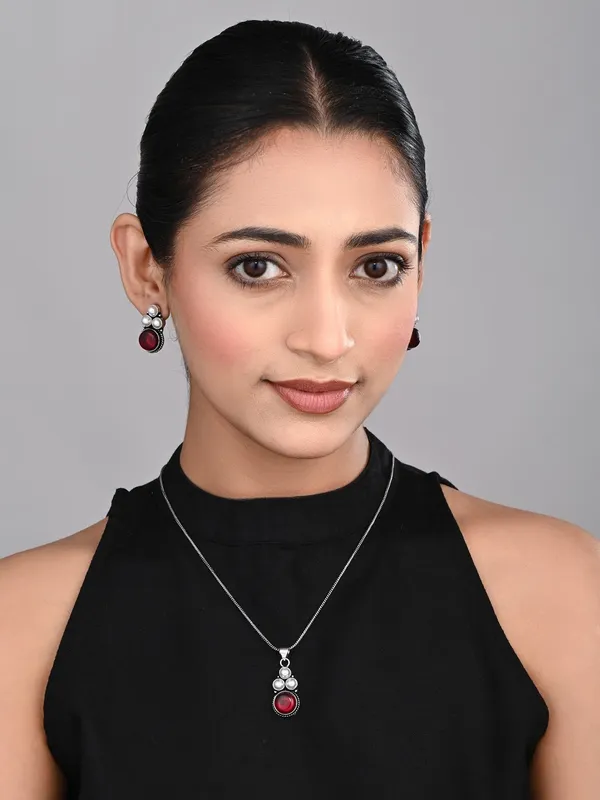 Silver_Oxidised_finish_Pearl_&_Stone__pendant_Set_Blue