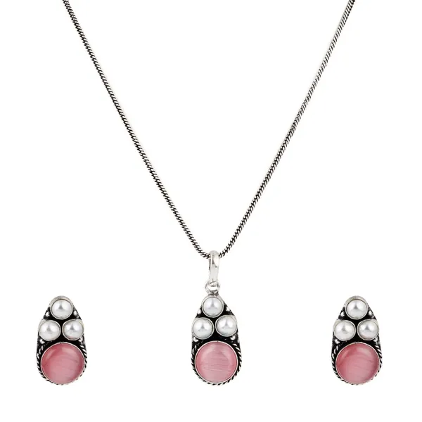 Silver_Oxidised_finish_Pearl_&_Stone__pendant_Set_Blue