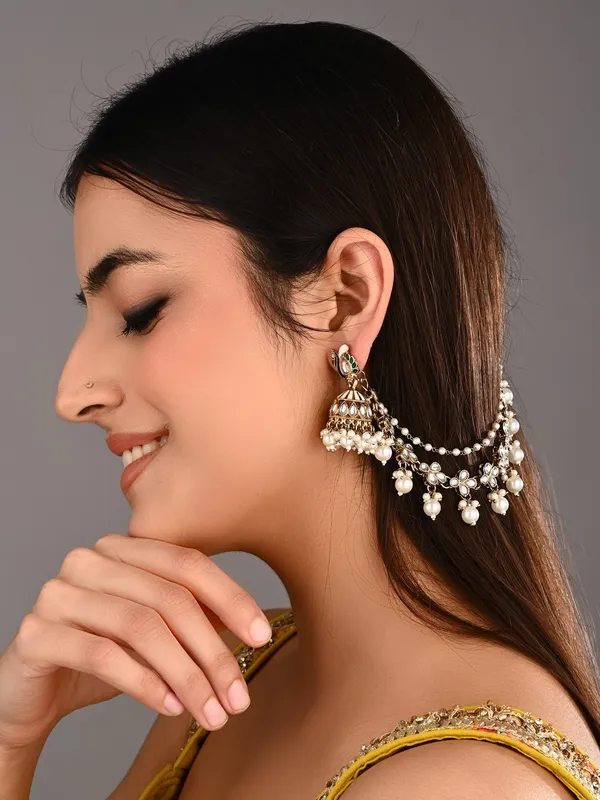 Kundan_&_Beads_Double_Layered_Ear_Chains_With_Pearl_Cluster