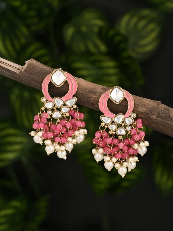Gold_Plated_Meenakari_Stud_Earrings_With_Kundan_&_Pearl_Cluster_Drops