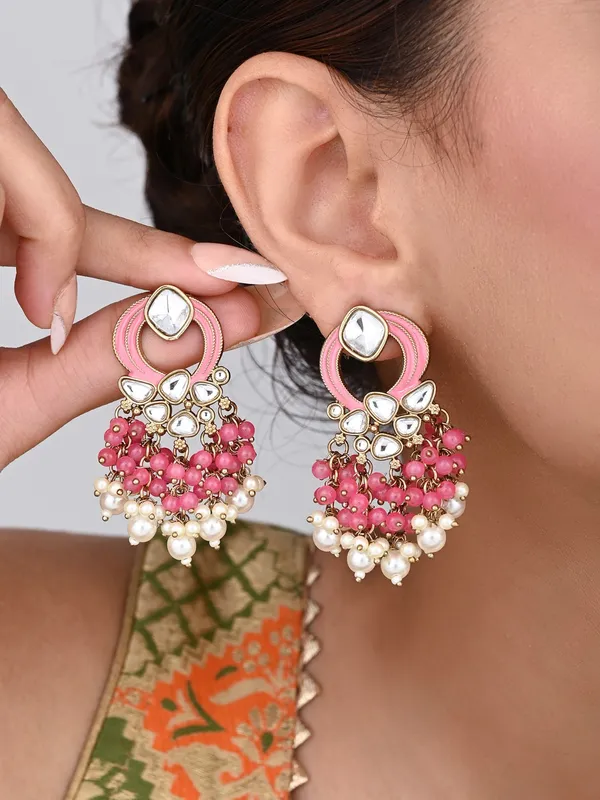 Gold_Plated_Meenakari_Stud_Earrings_With_Kundan_&_Pearl_Cluster_Drops