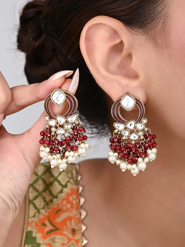 Gold_Plated_Meenakari_Stud_Earrings_With_Kundan_&_Pearl_Cluster_Drops