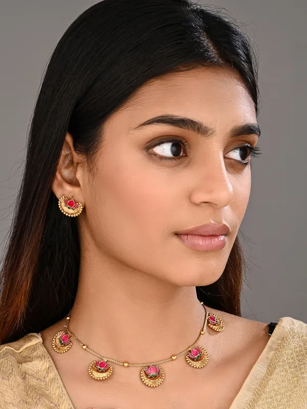 Antique_Gold-Tone_Pink_Lotus_Necklace_Set