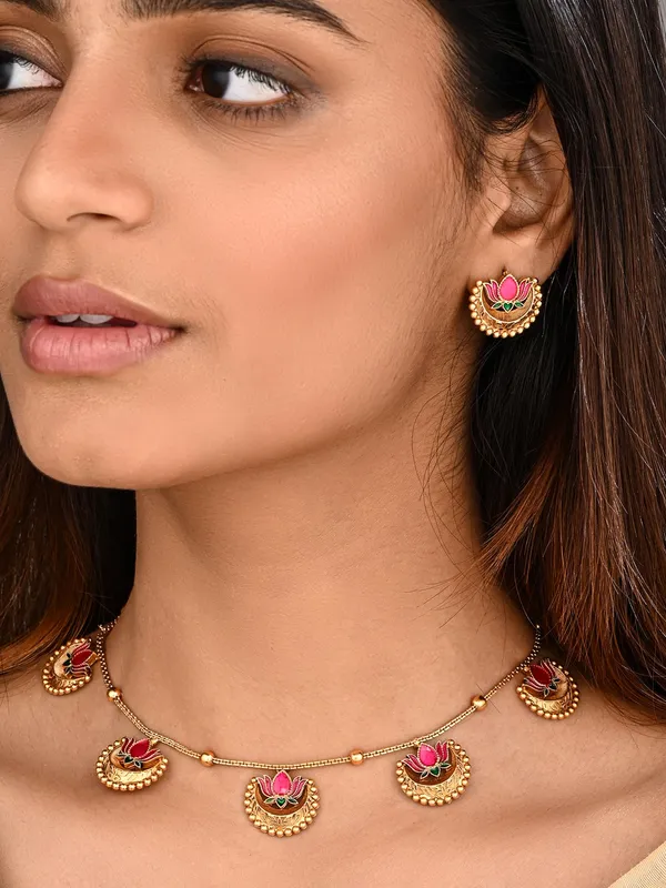 Antique_Gold-Tone_Pink_Lotus_Necklace_Set