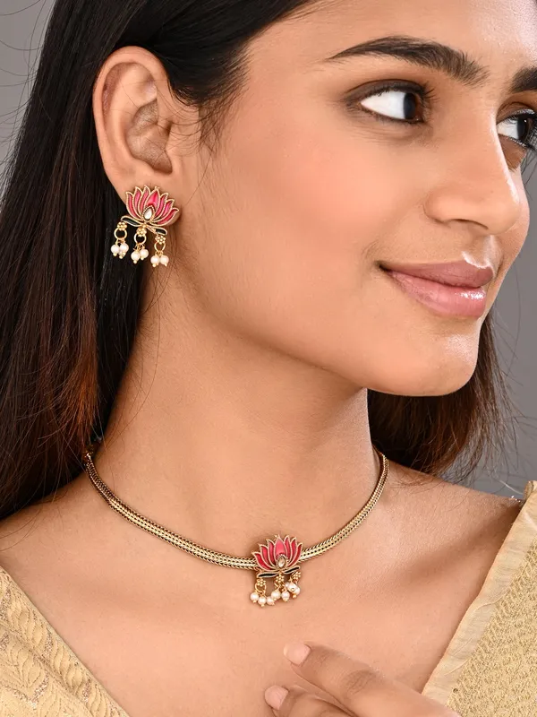 Antique_Gold-Tone_Pink_Lotus_Choker_Set