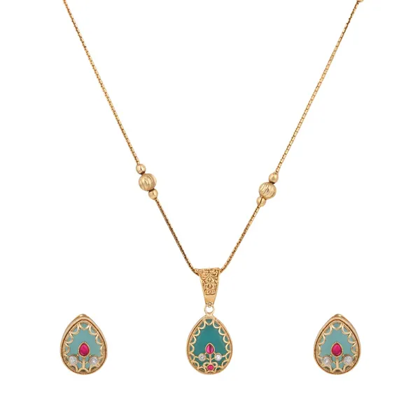 Tear_Drop_Stone_Kundan_Pendant_Necklace_&_Stud_Earrings_Set_Red