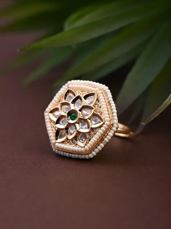 Hexagon_Floral_Kundan_Pearl_Brass_Ring