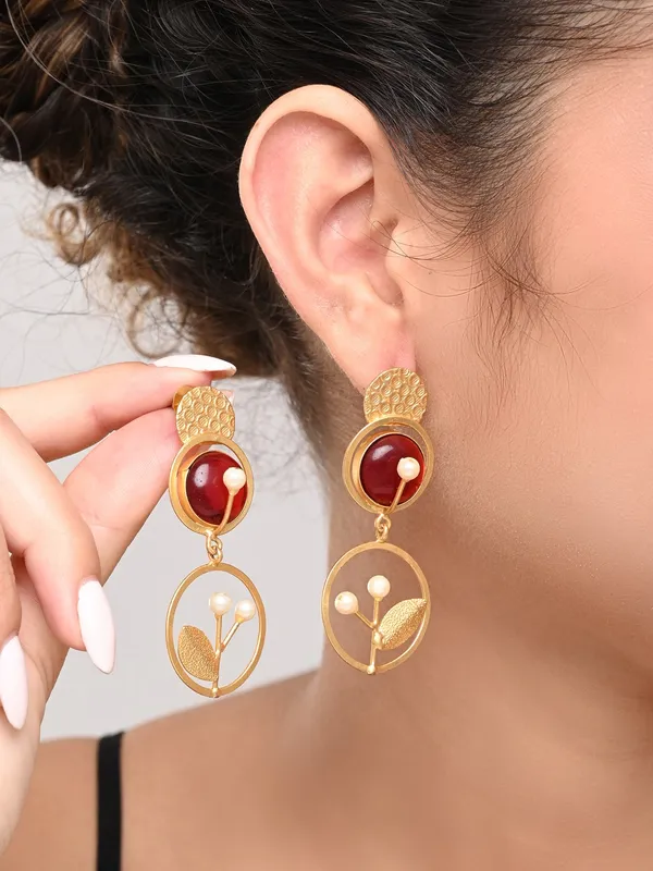 Botanical_Motif_Red_Stone_Brass_Drop_Earrings