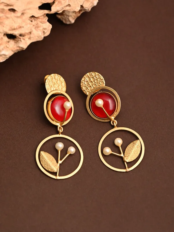 Botanical_Motif_Red_Stone_Brass_Drop_Earrings