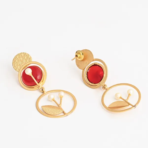 Botanical_Motif_Red_Stone_Brass_Drop_Earrings