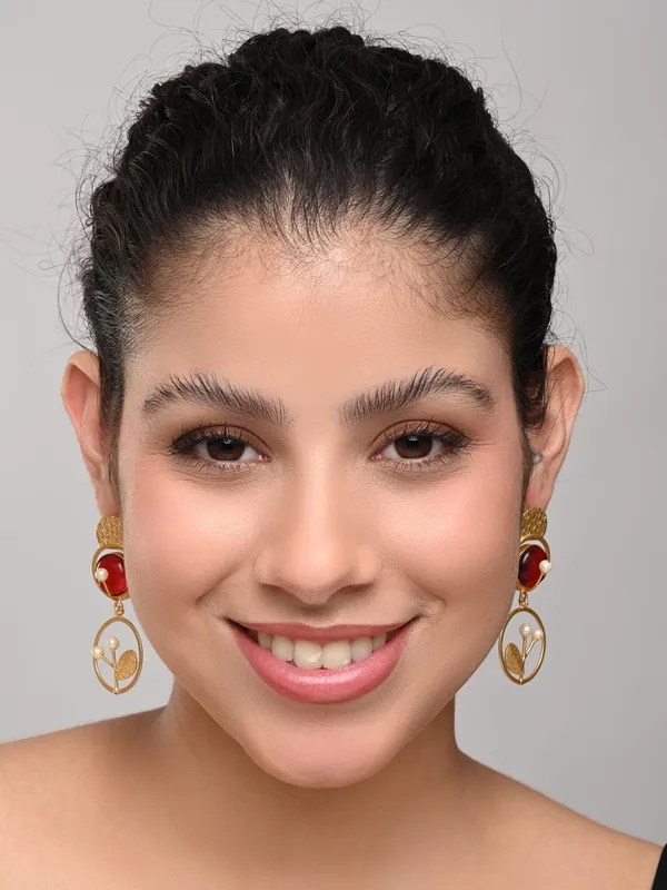 Botanical_Motif_Red_Stone_Brass_Drop_Earrings