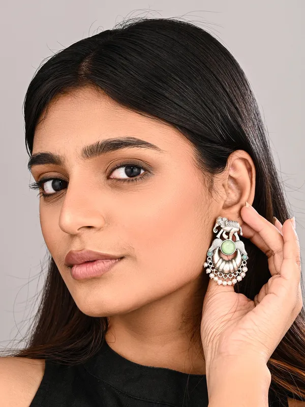 Oxidised_Silver_Elephant_Motif_Earrings_With_Mint_Stone