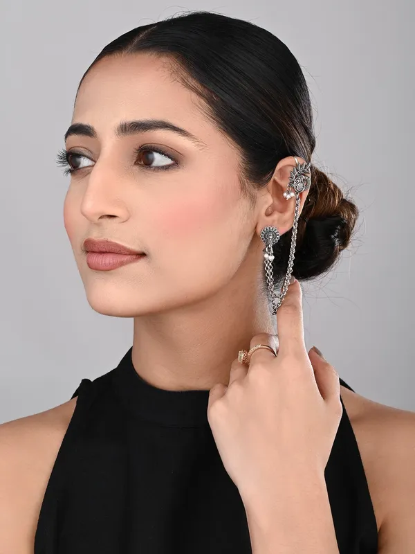 Oxidised_Silver_Peacock_Ear_cuff_with_Chains