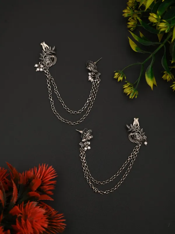 Oxidised_Silver_Peacock_Ear_cuff_with_Chains
