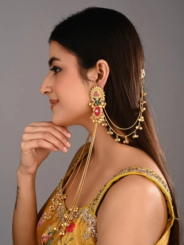 Gold_Plated,_Long_Kashmiri_Earring_With_Ear_Chains