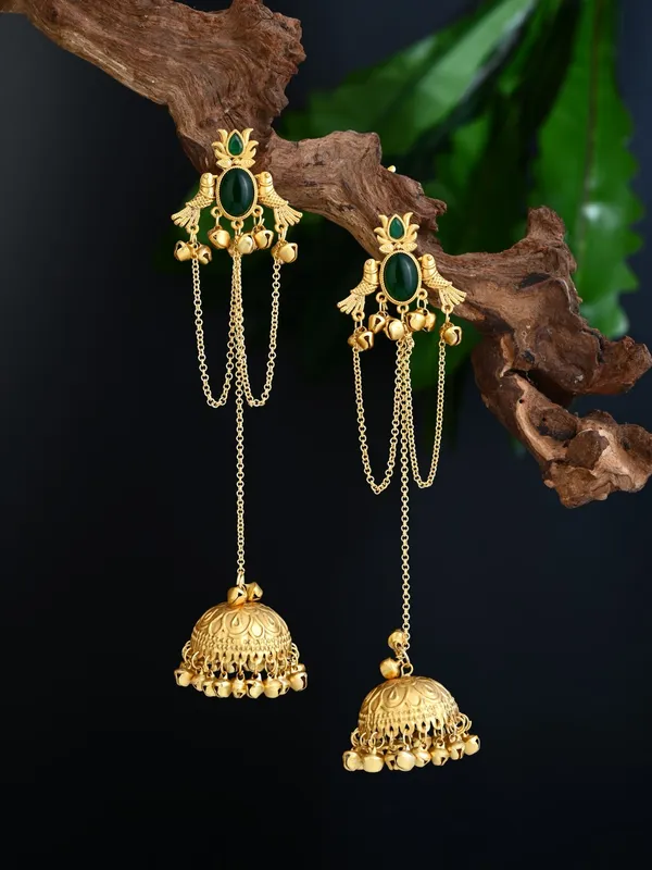 Emerald_Green_Temple_Jhumka_Earrings_with_Chain_Tassels
