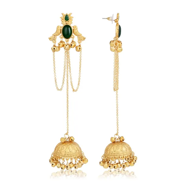 Emerald_Green_Temple_Jhumka_Earrings_with_Chain_Tassels