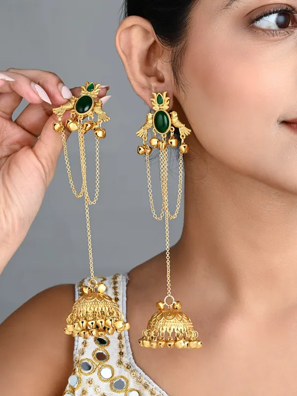 Emerald_Green_Temple_Jhumka_Earrings_with_Chain_Tassels