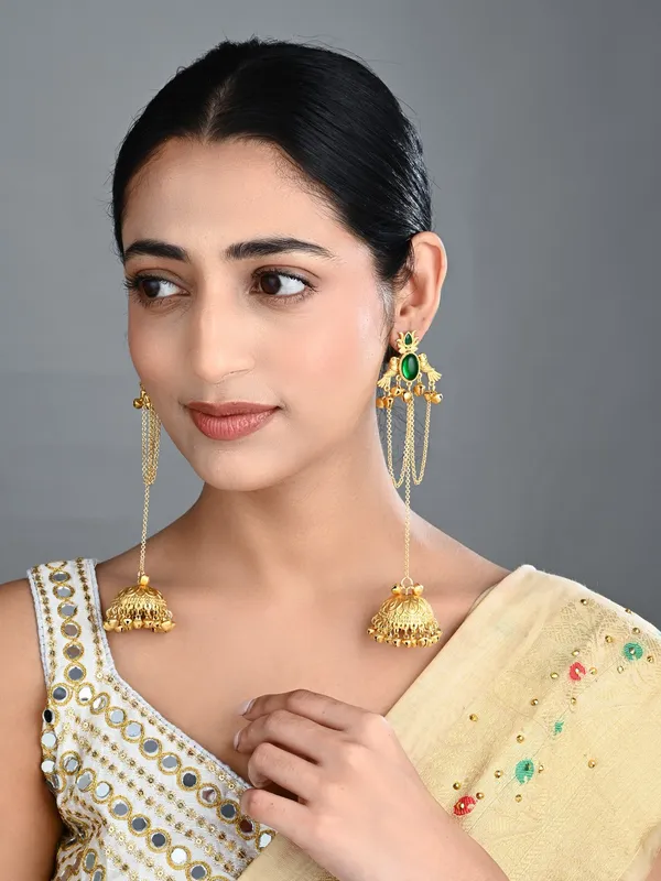 Emerald_Green_Temple_Jhumka_Earrings_with_Chain_Tassels