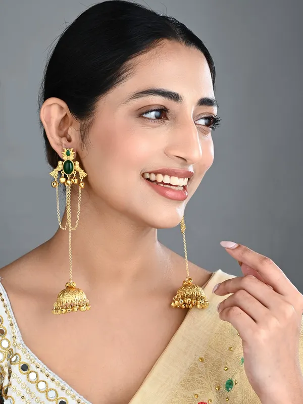 Emerald_Green_Temple_Jhumka_Earrings_With_Chain_Tassels