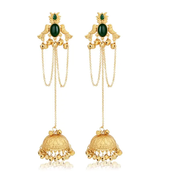Emerald_Green_Temple_Jhumka_Earrings_With_Chain_Tassels