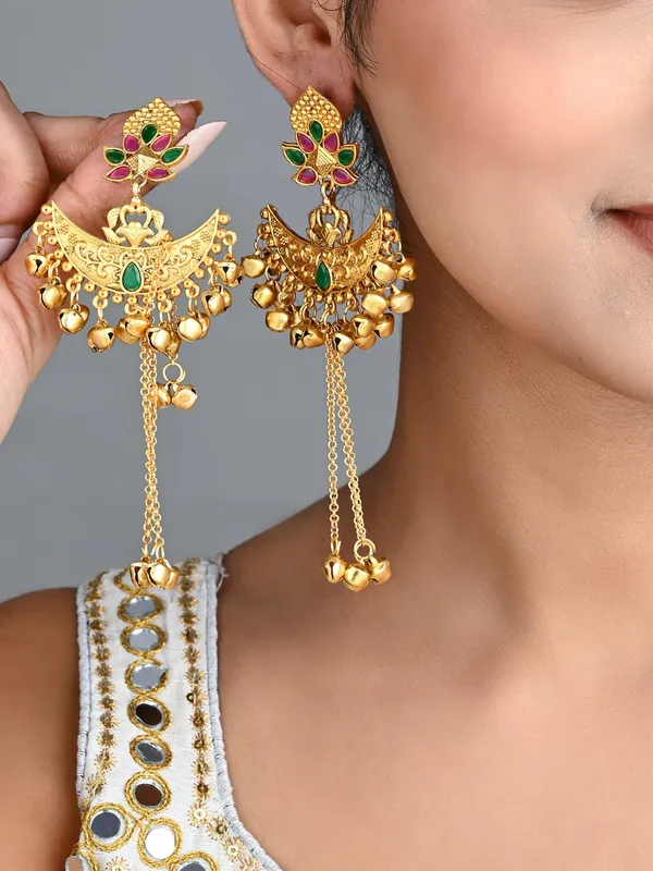 Multicolor_Temple_Chandbali_Earrings_with_Ghungroo_Chain_Tassels