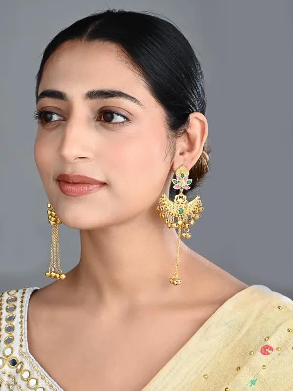 Multicolor_Temple_Chandbali_Earrings_with_Ghungroo_Chain_Tassels