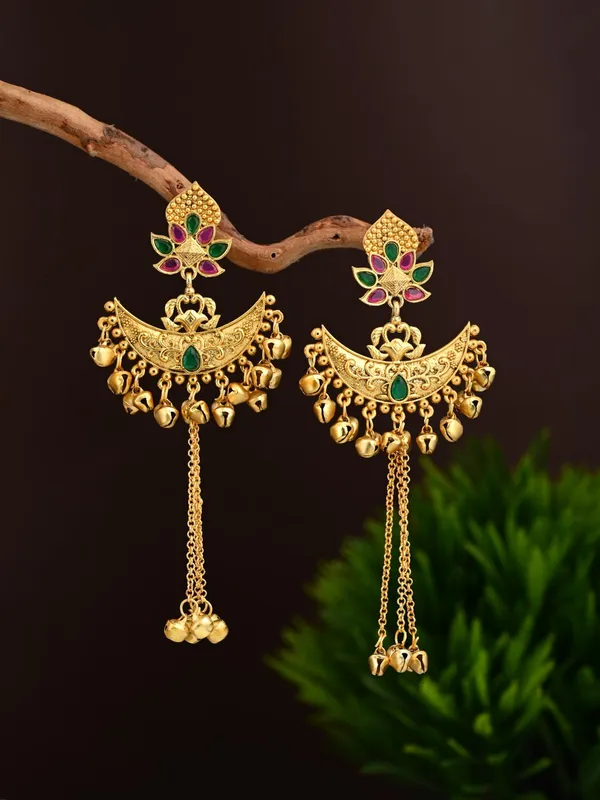 Multicolor_Temple_Chandbali_Earrings_With_Ghungroo_Chain_Tassels