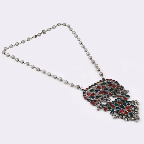 Silver_Oxydised_finish_Pendant_necklace_set_with_colourful_Meenakari