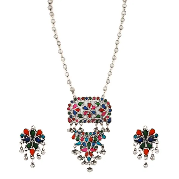 Silver_Oxydised_finish_Pendant_necklace_set_with_colourful_Meenakari