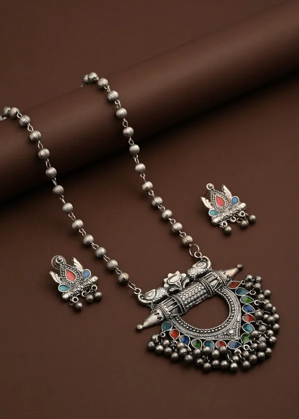 Silver_Oxydised_finish_necklace_set_with_colourful_Meenakari