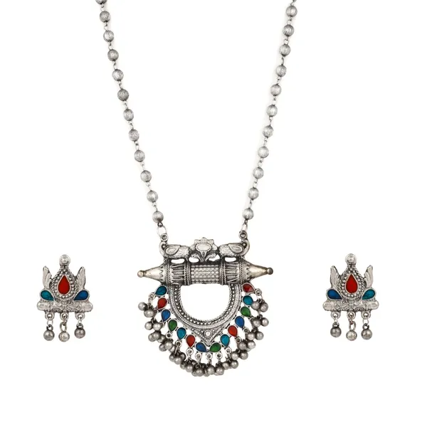 Silver_Oxydised_Finish_Necklace_Set_With_Colourful_Meenakari
