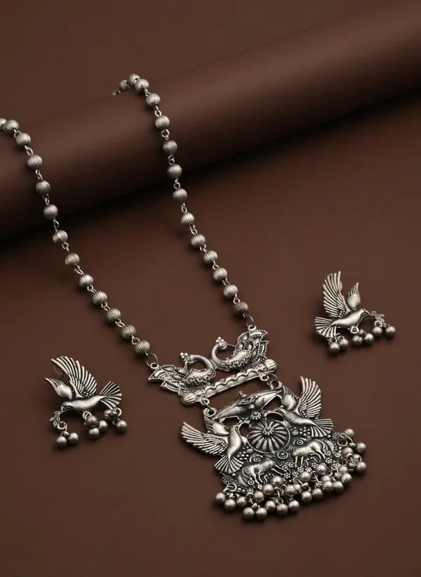Silver_Oxydised_finish_necklace_set_with_colourful_Meenakari