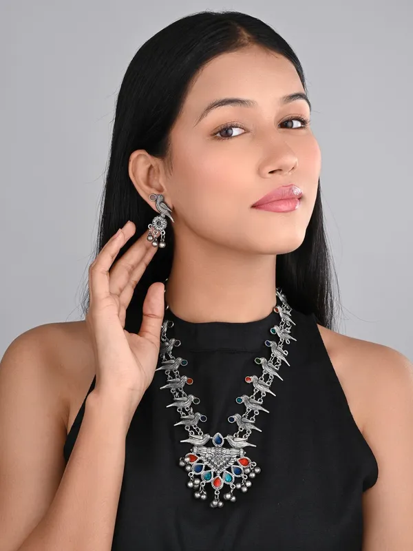 Silver_Oxidised_Finish_Meenakari_Jewellery_Set