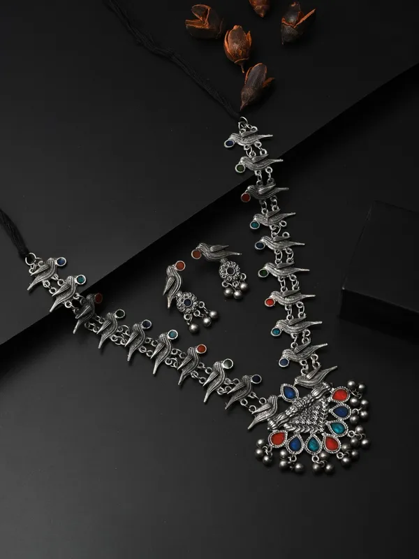 Silver_Oxidised_Finish_Meenakari_Jewellery_Set