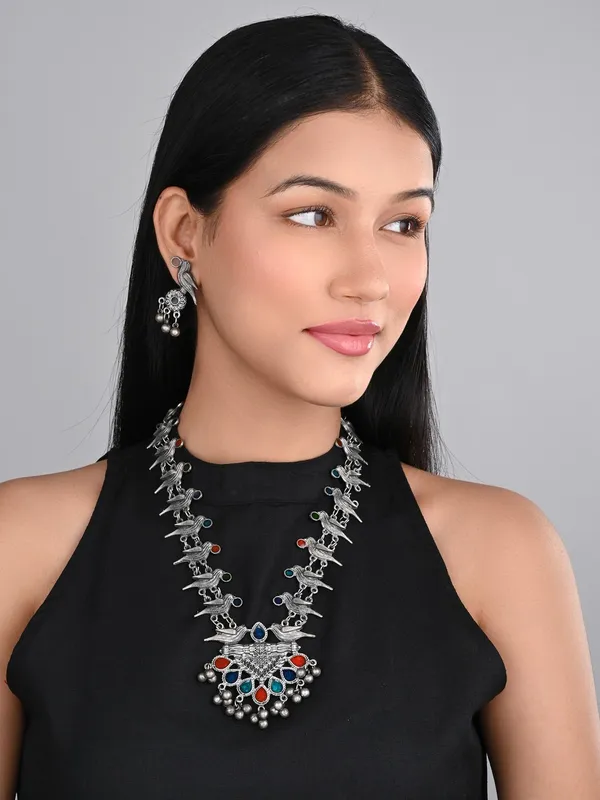 Silver_Oxidised_Finish_Meenakari_Jewellery_Set