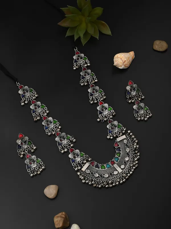 Silver_Oxidised_Finish_Meenakari_Necklace_Set