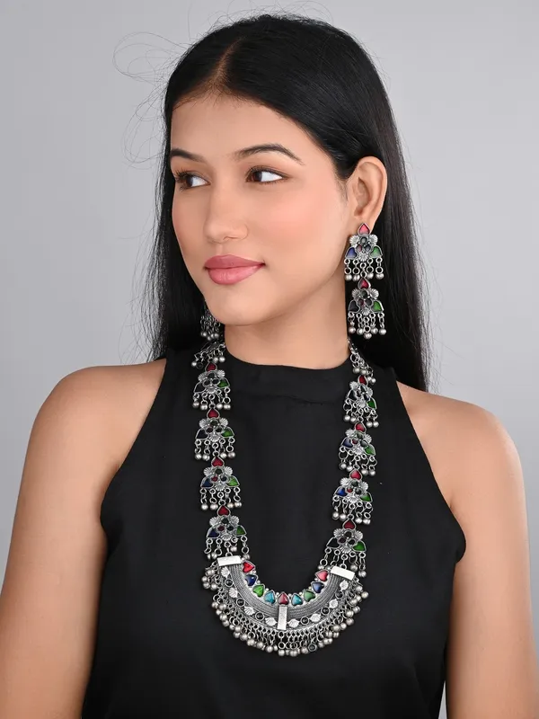 Silver_Oxidised_Finish_Meenakari_Necklace_Set