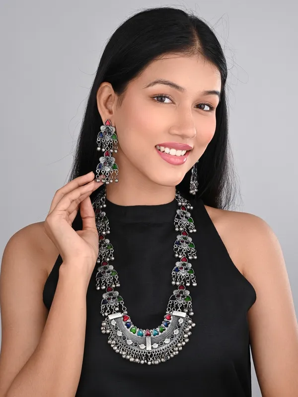 Silver_Oxidised_Finish_Meenakari_Necklace_Set