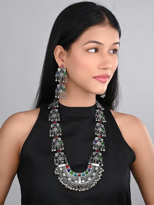 Silver_Oxidised_Finish_Meenakari_Necklace_Set
